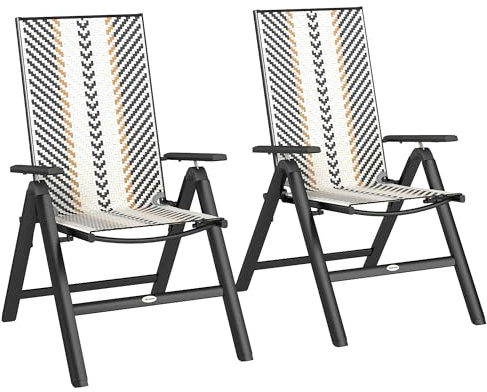 Outsunny Folding Rattan Garden Chairs Set of 2, 5-Position Reclining Garden Dining Chairs, High Back PE Wicker Outdoor Recliners with Armrest and Steel Frame for Patio, Terrace, Balcony, Black