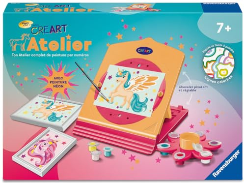Ravensburger – CreArt Atelier Néon – Peinture par Numéros Enfant Dès 7 Ans – 2 Tableaux Licorne Effet Néon – Chevalet Rechargeable – 25991