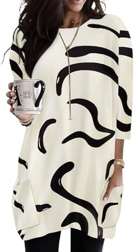 Poetsky Print Tops Tunic Oversized Shirts and Blouses Ethnic Style Blouses with Pockets Dressy Casual Outfits to Wear with Leggings Beige M