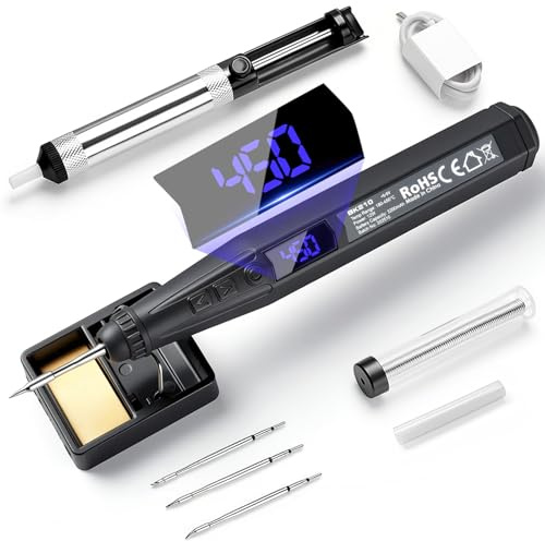 SMOOL Cordless Soldering Iron Kit, 12W, 8s Fast Heat, 3200mAh Battery, 180-450°C PID Temp LCD, Type-C, with 3 Tips, Desoldering Pump, Solder Wire & Stand for Electronics Repair, DIY