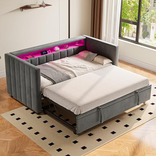 Oxtao Sofá cama tapizado extensible 90 x 190 cm, cama individual con ambiente LED y conexión USB-C, cama de día con muchos compartimentos, para dormitorio, habitación de invitados o habitación juvenil