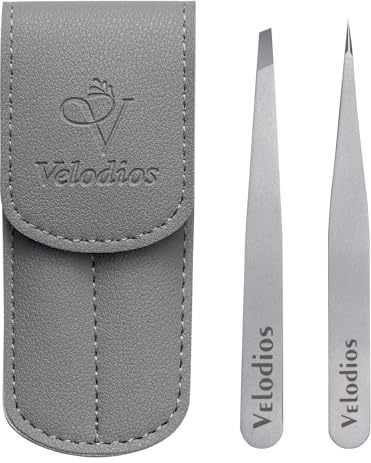 Velodios 2-Pack Tweezers for Eyebrows | Ultra Precision Tweezers Set with PU Travel Case, Slant & Pointed Tweezers for Women Facial Hair, Premium Stainless Steel