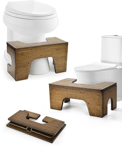 StrongTek Foldable Toilet Stool Bamboo 2 Height Adjustable Dark Walnut | Adjustable 7 & 9 inch bamboo toilet squatting stool; space-saving foldable design with non-slip grips for adults and kids