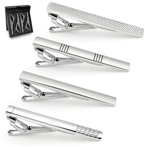 Fermacravatta Uomo, Set di 4 Presa Sicura per Cravatte, Spilla da Cravatta Classica per Lavoro e Matrimonio, Accessorio Elegante per Marito e Colleghi (Argento)