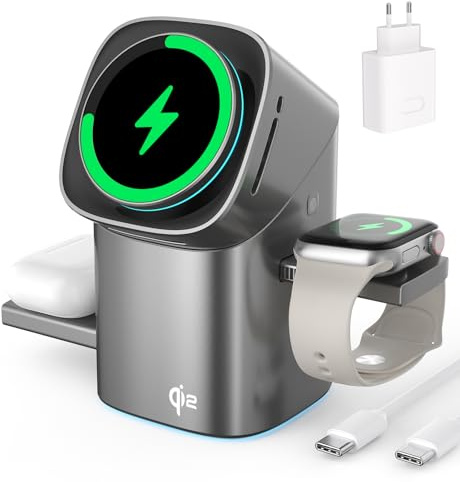 Stazione di ricarica a induzione 3-in-1 QI2, di ricarica wireless, la ricarica rapida, supporto per telefono compatibile con iPhone, AirPods, iWatch, con ventola di raffreddamento 33 W argento