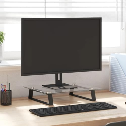 QUAHEAS Monitorställ svart av härdat glas och metall 40 x 35 x 8 cm, ergonomisk upphöjning för PC, bärbar dator, laptop, surfplatta, platsbesparande med organisatör för kontor, hemmakontor