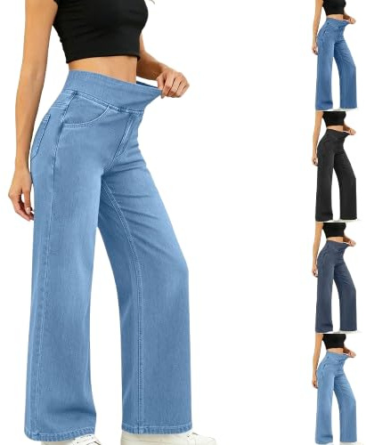 Women's Wide Leg Jeans Elastic Waist Pull On Denim Pants High Waisted Stretchy Loose Fit Tummy Control Jeans
