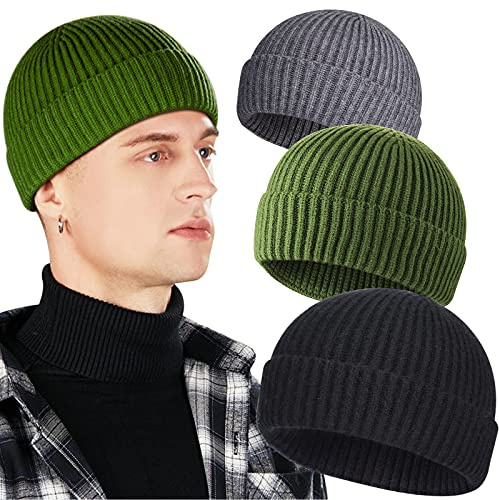 Lot de 3 Bonnets de pêcheur en Laine pour Homme, Bonnet de Montre Court à Revers, B-Noir, Gris, Vert foncé, Taille Unique