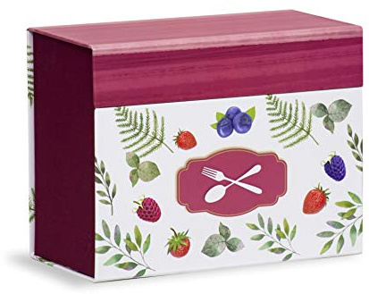 Scatola Ricettario con 60 schede illustrate da compilare con proprie Ricette e 6 divisori con Disegno pietanze 22,5x11x17, Bordeax