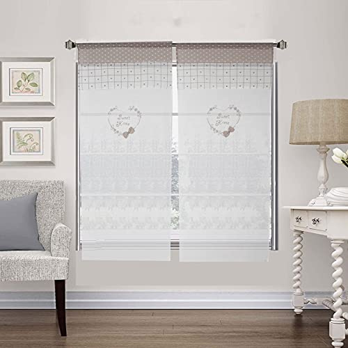 Par de cortinas para ventana Shabby Chic con forma de corazón de tela bordada Sweet Home, 60 x 240 cm 3D, lazo beige blanco
