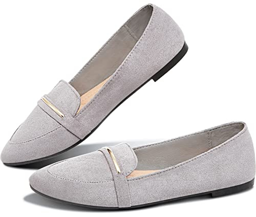 Obtaom Women's Pointy Toe Loafer Flat Comfortable Faux Suede Work Shoes,Cute Penny Loafer Slip On Ballet Flat(Grey US6)