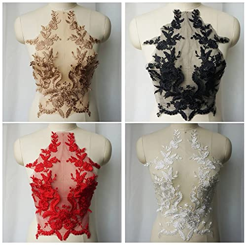 Yulakes 1 apliques de encaje bordado en 3D, bordado de encaje y escote floral con diamantes de imitación, adorno de tul, apliques de encaje, parche bordado floral para manualidades (blanco)