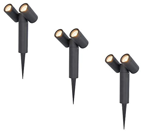 HOFTRONIC - 3er Pinero Doppel LED Gartenstrahler mit Erdspieß - GU10 317° Schwenkbar Dimmbar - 2700K Warmweiß Erdspießstrahler - Bodenstrahler für Bäume, Sträucher, Teich und Pflanzen
