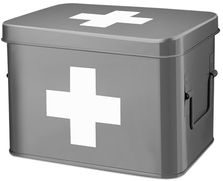 Flexzion Medizinbox, Hausapotheke box, Apothekenbox - 33x21x19cm Medikamenten Aufbewahrung Box aus Metall für Notfall, Erste Hilfe Schrank, mit Seitengriffen, abnehmbarem Tablett & 5 Fächern, Grau