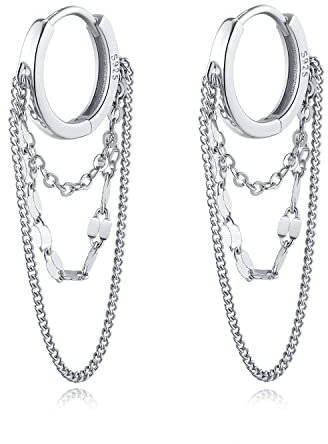 Reffeer Solide 925 Sterling Silber Kette Tropfen Ohrringe Creolen für Frauen Teen Creolen Quaste Kette Huggie Baumeln Ohrringe (A-Silver)