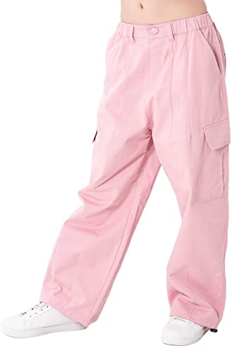 Rolanko Pantaloni Cargo da Ragazza, Pantaloni Larghi in Cotone con Vita Elasticizzata e Tasche Multiple per Bambini di 6-15 Anni, Rosa, Taglia: 160