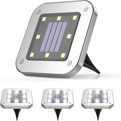YOU GLOW GIRL Lot de 4 lampes solaires enterrées, 8 LED en forme de disque solaire d'extérieur étanches pour jardin, pelouse, cour, piscine, terrasse (lumière blanche)