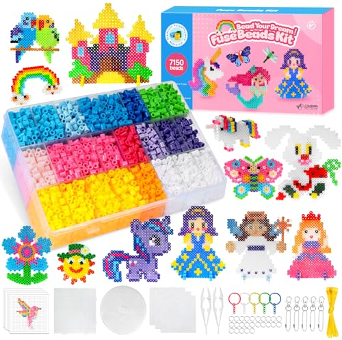 Ufoepv 7150 Stück Bügelperlen Set, Steckperlen 5mm für Mädchen Kinder 23 Farben mit Bügelperlen Platten, Sortierbox 21 Muster DIY Bügelperlenset Zubehör ab 3 Jahre Basteln Handwerk Geschenk