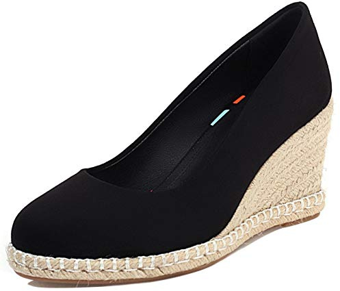 Gicoiz Compensées Espadrille Femmes Bout Rond Plateforme Escarpin A Enfiler Eté Mariage Comfy Bout Fermé Talons Hauts Décontractée Escarpin Chaussures Noir Taille 39 EU-40Cn