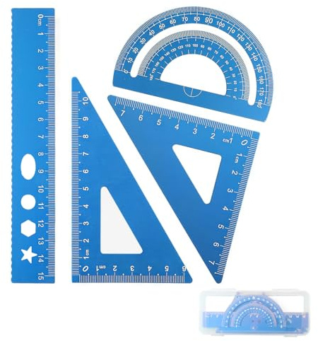 DHWEKU escuadra cartabon y transportador,escuadra y cartabon,Juego de Reglas de Metal de 4 Piezas,Esquinas Redondeadas,diseño de Seguridad,Kit geometría matemática para Estudiantes y profesore,Azul