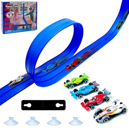 DONGTATA 4M Flexible Racing Track Set DIY Car Track with 4 Cars, Car Race Track with Suction Cups, Portable Flexible Race Track Roll Up DeepMold-004