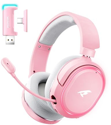 Wireless Gaming Headset, 7.1 Surround Sound, 2.4GHz USB Gaming Headphones with Bluetooth 5.4, 100H Battery, ENC Noise Canceling Mic, RGB Light, Wireless Headset for PC PS5 PS4 Mac Switch (Gray-Pink)