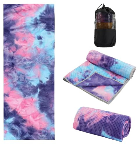 Duronge Yoga Towel Mat, Non Slip Hot Yoga Towel with Grip Dots, Yoga Blanket Mat Absorbent, Fitness Yoga Towel Mat with Mesh Carry Bag, Yoga Mat Spreading Towel, for Hot Yoga, Pilates and Fitness