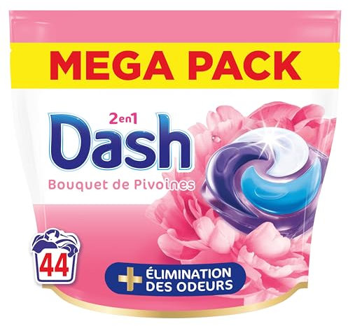 Dash 2en1 PODS Bouquet de Pivoines, 44 Lavages, Lessive Capsules 3-en-1, Plus de Fraîcheur, Élimination des Odeurs avec Lenor, Notes de Pivoine et d'Hibiscus, Fabriquée en France