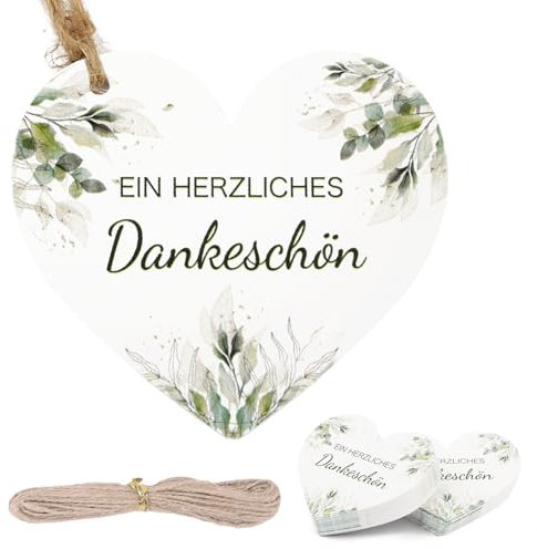 Deepton 50 Stück Danke Anhänger Herz, 6x7cm Eukalyptus Geschenkanhänger Hochzeit mit Schnur, Dankeschön Etiketten Tags für Hochzeit Baby Shower Party Kommunion Taufe