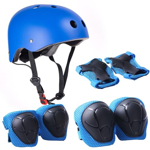 Knieschoner Kinder mit Helm, Fahrradhelm Kinder 3-10 Jahre, Knieschützer Inliner Kinder Schutzausrüstung für Inliner Skateboard Fahrrad Rollschuh (blau)