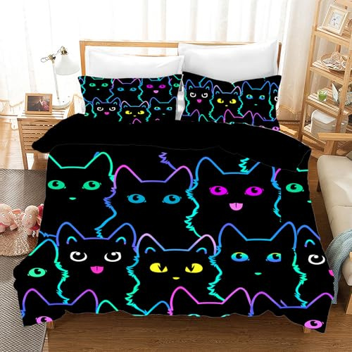 UGZDEA Cat Bed Linen Set, Cute 3D Pet Cat Soft Microfibre Quilted Board Set Girls Boys Children Bedding with Duvet Cover and Pillowcase (F, Double(200x200cm))