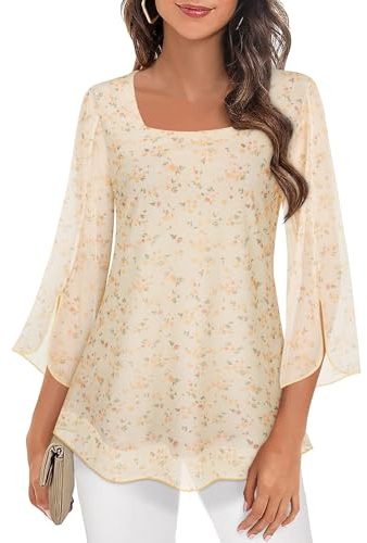 Syphiby Chemisier, manches 3/4 à volants, coupe tunique fluide, encolure carrée en mousseline, double épaisseur, tailles M à 3XL