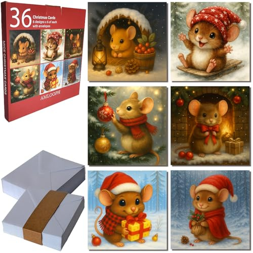 AMLOOPH Funny Christmas Cards Pack, 36 Small Cute Xmas Cards Box with 6 Festive Mice Designs 10×10cm, Personalised Family Christmas Cards Set with Envelopes, Assorted Multipack Gift Cards for Friends