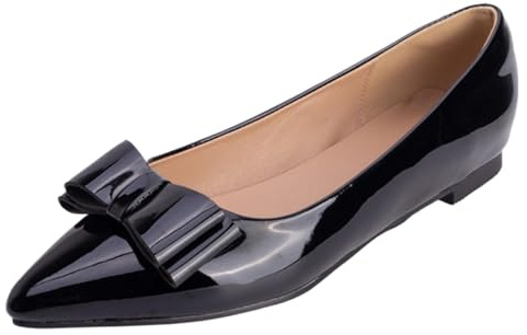 Smilice Ballerines pointues avec nœud - Talon plat de 1 cm - Escarpins à enfiler en cuir verni pour femme - Semelle en caoutchouc antidérapante pour un confort quotidien, Noir , 34 EU