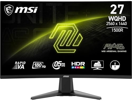 MSI mag 27CQ6FA Monitor Curvo Gaming WQHD de 27: Panel VA rápido de 1500R y 2560 x 1440, 180 Hz/0,5 ms (GtG, mín.), Adaptive-Sync, DP 1.4a, HDMI 2.0b CEC, Frameless, Negro