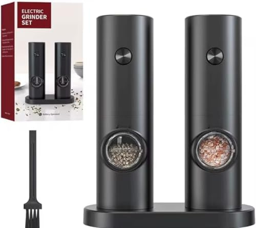 Set med elektrisk peppar- och saltkvarn, svart, batteridriven, i keramik, set med 2 stycken inklusive rengöringsborste