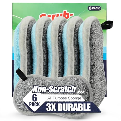 Dual Sided All-Purpose Sponges Kitchen,Dish Sponge for Washing Dishes Cleaning Kitchen,Non Scratch,Rough Scrubbers for Non-Stick Cookware, Soft Microfiber Scrub for Dishes(Bule,6Pack)