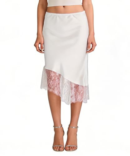 Crsiphee Women Summer Skirt Satin Slip Midi Skirts with Lace Trim A-Line Asymmetrical Skirts Flowy Silky Long Skirt for Going Out