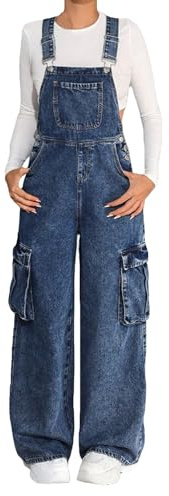 Salopette cargo en jean pour fille - Jambe large - Coupe ample - Mignon - Délavé - Salopette ample à bretelles - Jambe droite avec plusieurs poches - Jeans rétro vintage