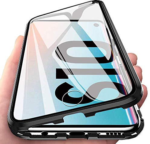 Orgstyle Hülle für Samsung Galaxy S10, Magnetische Hartglas Case mit Vorderseite und Rückseite, Metallrahmen Case mit Eingebaut Magnet, Ultra Dünn 360 Grad Schutzhülle-Schwarz - 6.1 Zoll