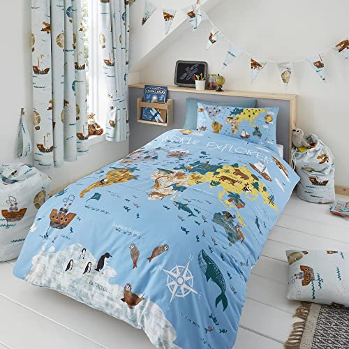 Happy Linen Company Girls Boys Kids World Explorer Blue Single Reversible Duvet Cover Bedding Set
