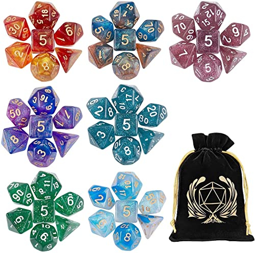 Polyedrische Würfel, Coyeekn 7 x 7 Sets (49 PCS) Polyeder Glitzer würfel für Dungeons & Dragons RPG MTG DND Tischspiel Würfel D4 D8 D10 D12 D20