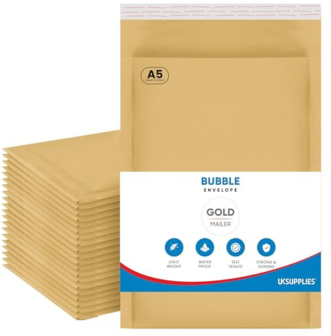 UK SUPPLIES LIMITED DL A6 A5 A4 A3 (Pick Size & Qty) Padded Gold Bubble Envelopes Peel & Seal Bags Bubble Mailer Postal Wrap Envelope Parcel Mailers for Mailing Goods, A5 180mm x 265mm 10 Pack
