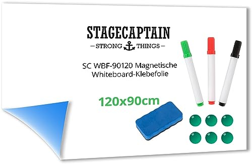 Stagecaptain WBF-90120 Pellicola Magnetica Scrivibile 90x120 cm per Lavagna Bianca, con pennarelli, magneti e spugna per cancellare a secco, colore bianco.