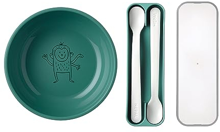 Mepal Mio - Kinderschale mit Fütterlöffel - Deep turquoise - robuste Plastikschale, 2er Set Breilöffel mit Transportbox - hoher Rand für einfaches Aufladen - spülmaschinengeeignet