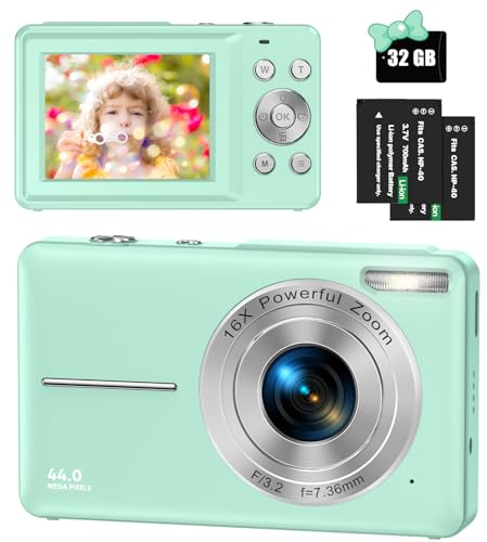 Digitalkamera 44MP 1080P HD Fotokamera mit 32GB Karte, Kompaktkamera 16X Digitalzoom mit 2 Wiederaufladbare Batterien, Fotoapparat für Kinder, Teenager, Anfänger, Jungen, Mädchen(Grün)