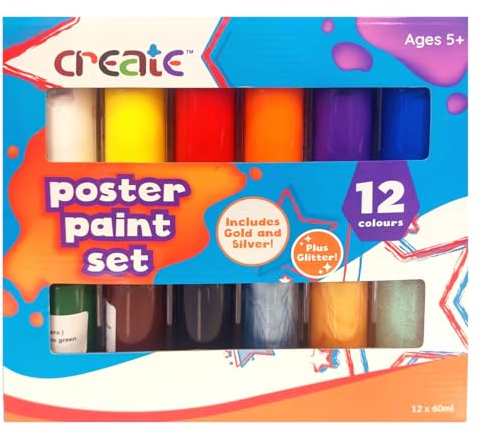 Create Poster Paint Set - (12) Water-Based Washable Colours, Acrylic Paint Tube Set for Posters, Projects, DIY, Crafts, Decorations and More, Includes Metallic Gold, Silver and Glitter