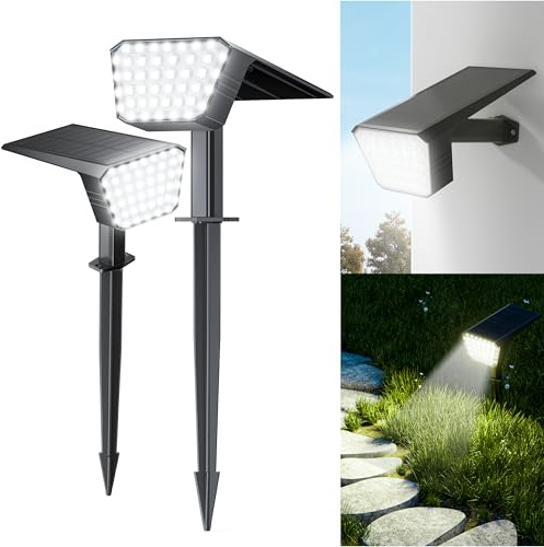 FIFlying Luci solari per esterni, confezione da 2 pezzi, luce bianca fredda, faretti solari a LED, IP65, impermeabili, per prato, cortile, sentieri, giardino, esterni, illuminazione garage