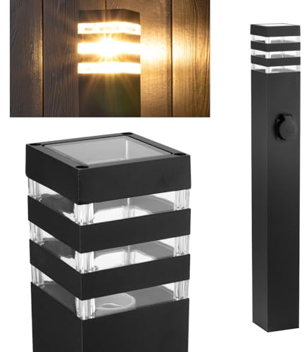 Lumiled Wegeleuchte Außen Pollerleuchte Außenstehleuchte Stehlampe Außenleuchte mit Steckdose Gartenleuchte Wegelampe Stromsäule 80cm IP44 schwarz spritzwasserdicht Aluminium E27 Fassung max 13W