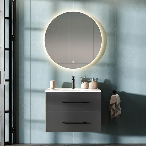 Planetmöbel LUX Ensemble de meubles de salle de bain Meuble-lavabo avec vasque 70 cm, Miroir avec éclairage rond 80 cm (fonction tactile), Chêne doré/Anthracite